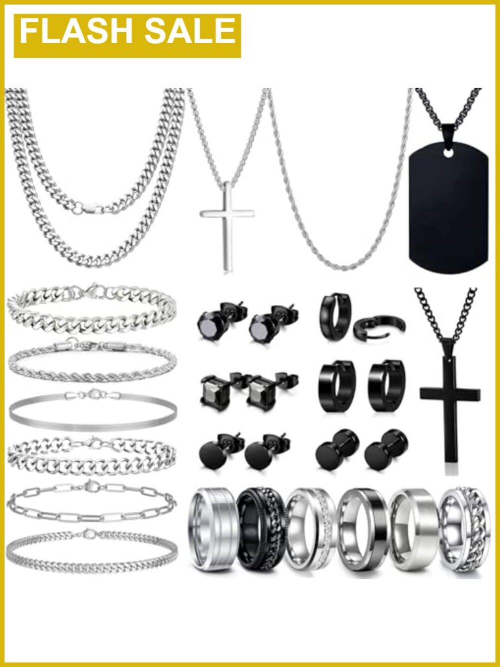 Men's Stainless Steel Jewelry Set 30pcs Cuban Link Chain Necklace Bracelet Ring